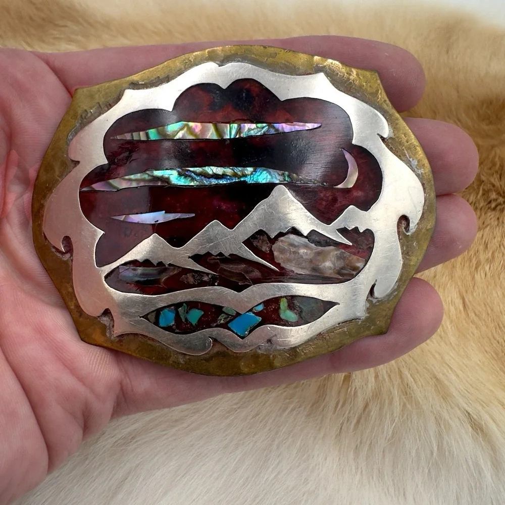 VTG Southwestern Mountain Landscape Turquoise Abalone Chip Inlay Belt Buckle